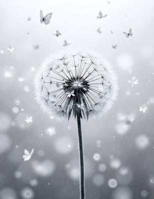 The primary subject of the image is a large, white, and fluffy dandelion flower. The setting is a white background, which creates a clean and minimalist appearance. The visual style is a combination of a photo and digital art, giving the image a unique and artistic touch. The dominant colors are white and gray, which contribute to a calm and serene atmosphere. The image is adorned with numerous butterflies flying around the dandelion, adding a sense of life and movement to the scene.